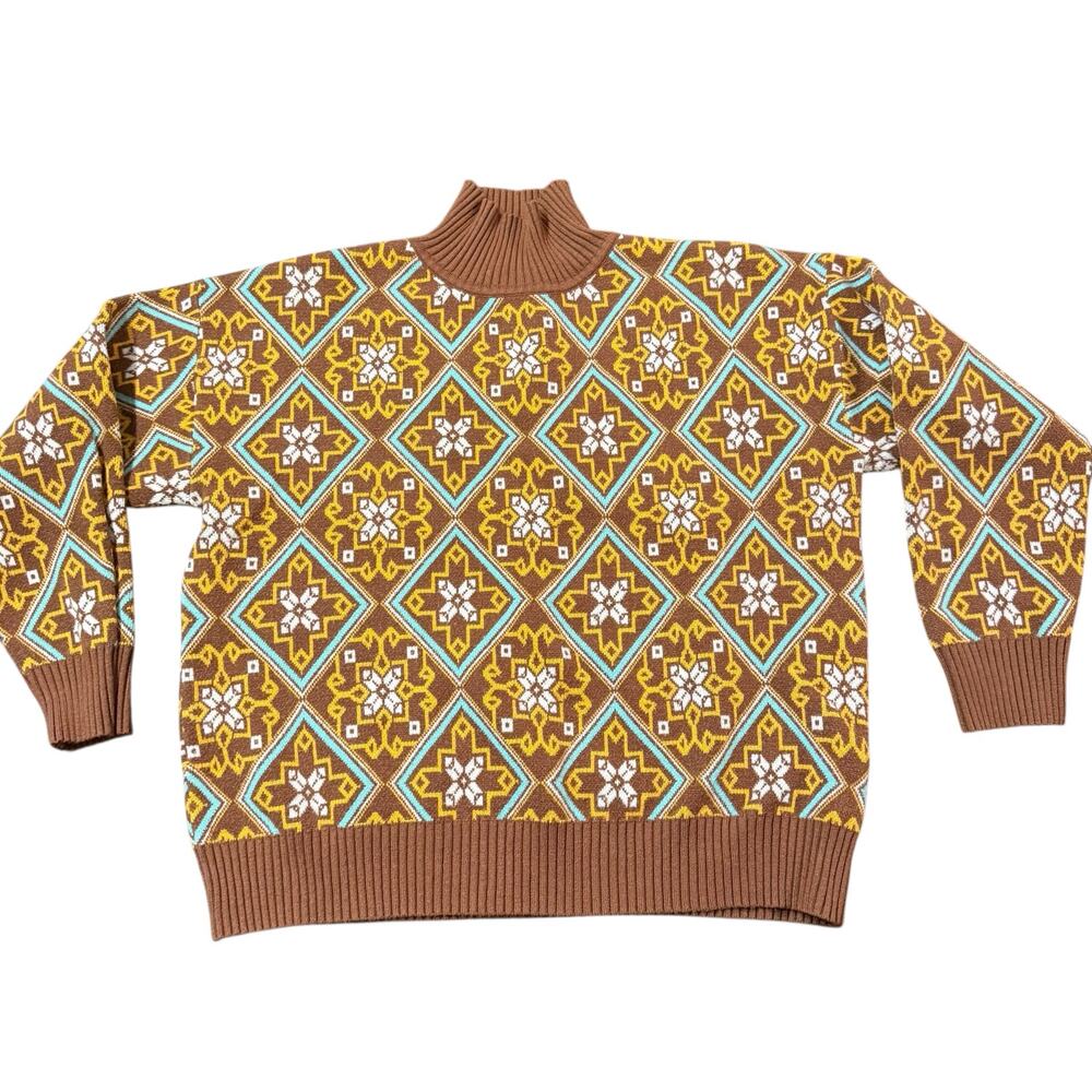 Anna Kay Women’s brown turquoise geometric mock neck sweater, Size L